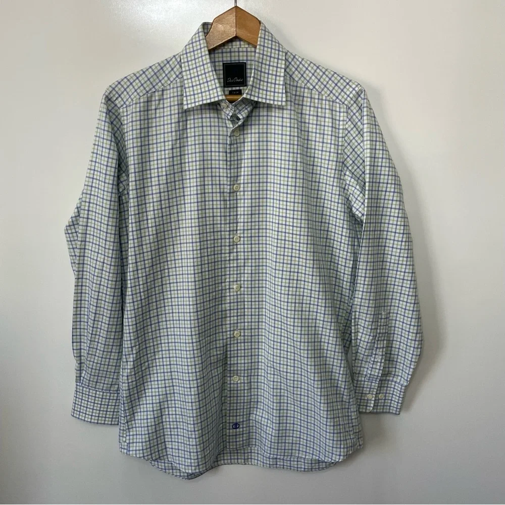 David Donahue Blue Green Tattersall Check Dress Shirt Neck 15.5 32/33 Preppy